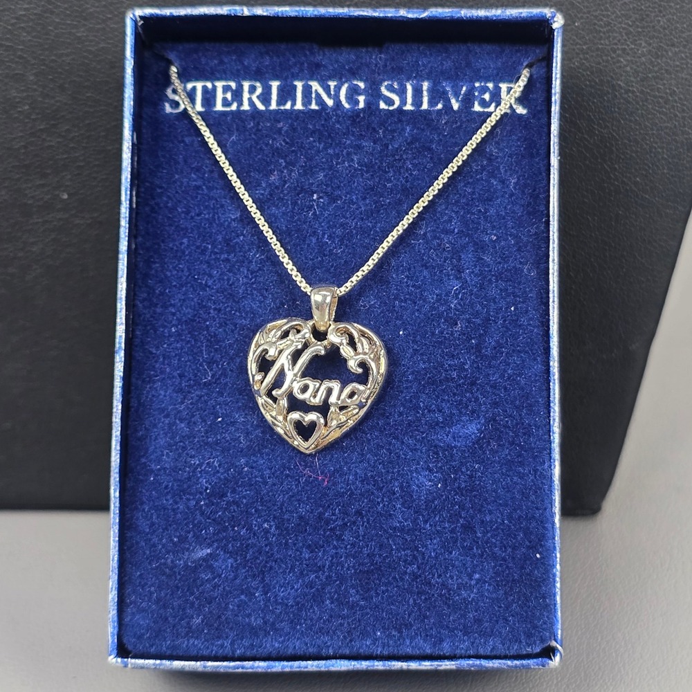 Filigree Sterling Silver Nana Grandmother Heart Pendant Necklace Box Chain 18"
